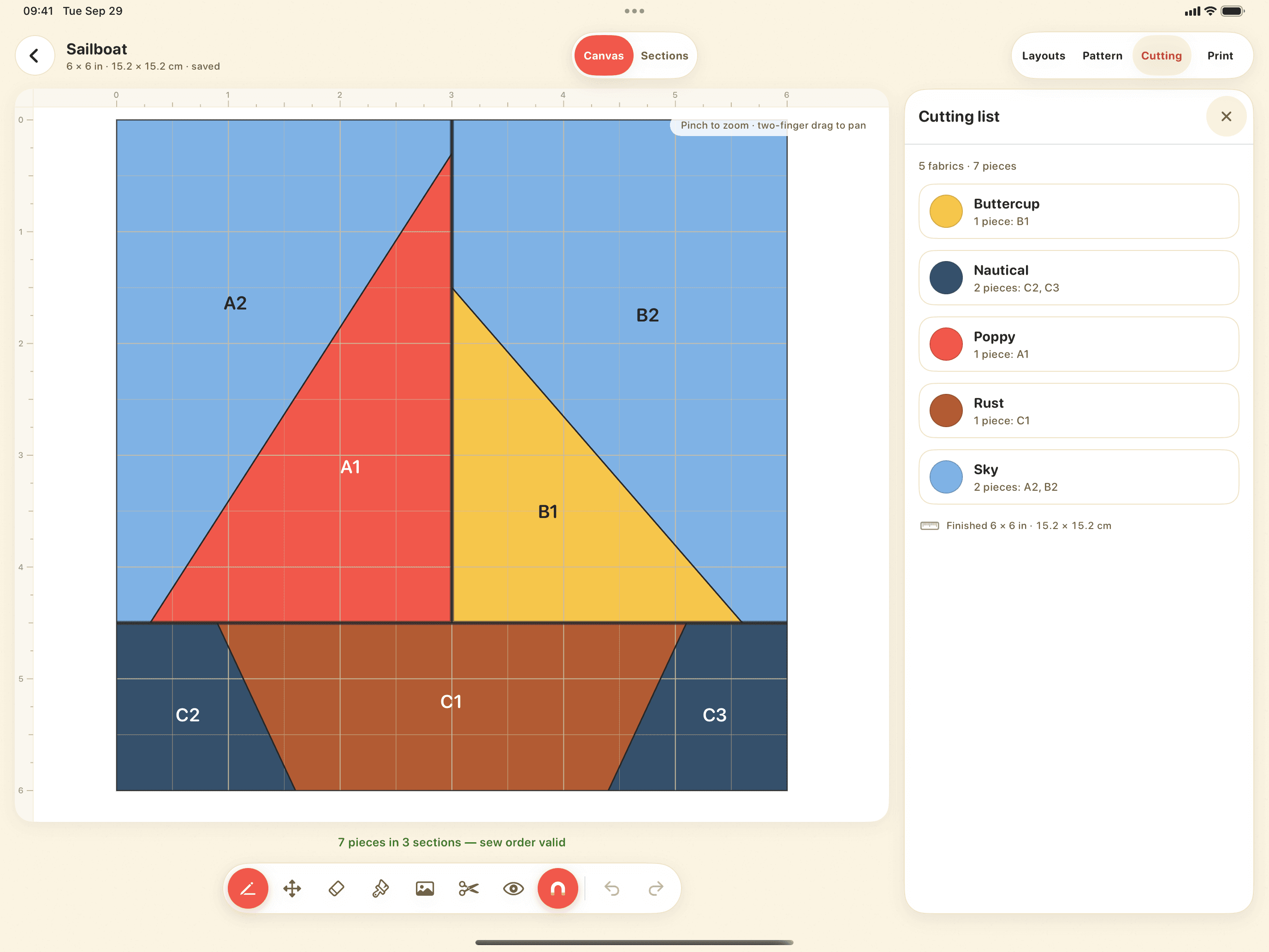 Piecework cutting list grouping sailboat pieces by fabric on iPad