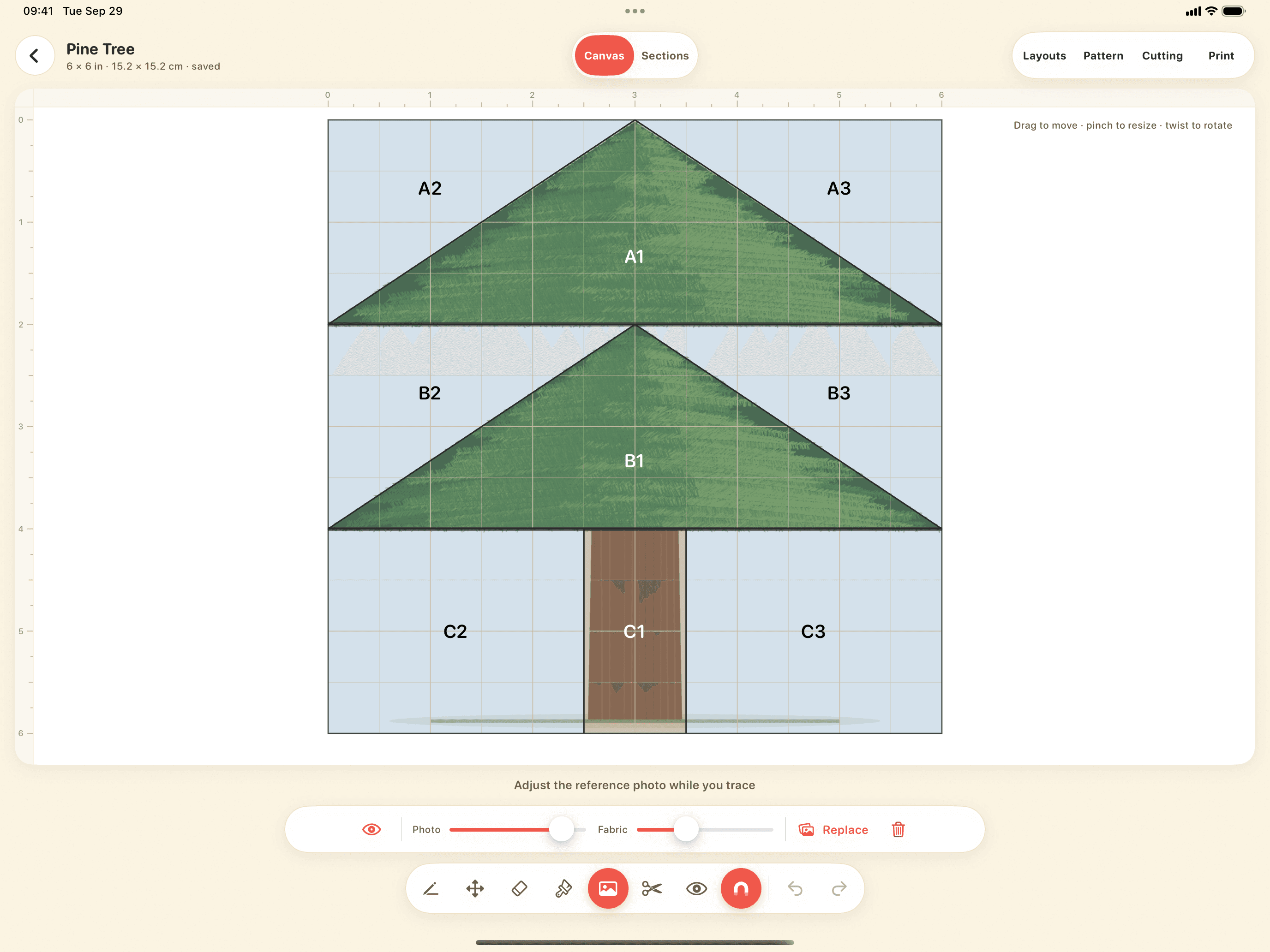 Piecework Photo tool tracing a Pine Tree block over a reference picture on iPad